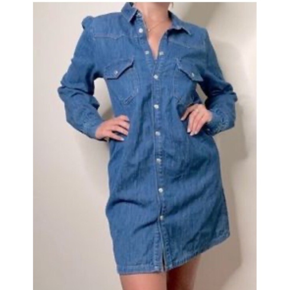Zara Womens Denim Mini Dress Blue Long Sleeve Snap Button Tie Size XS